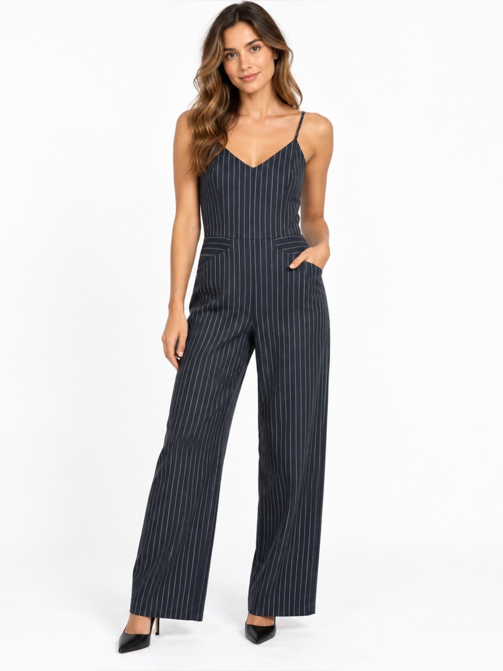 Anthropologie Essential Jumpsuit Navy Pinstripe Wide Leg Women’s Size 0 Classic
